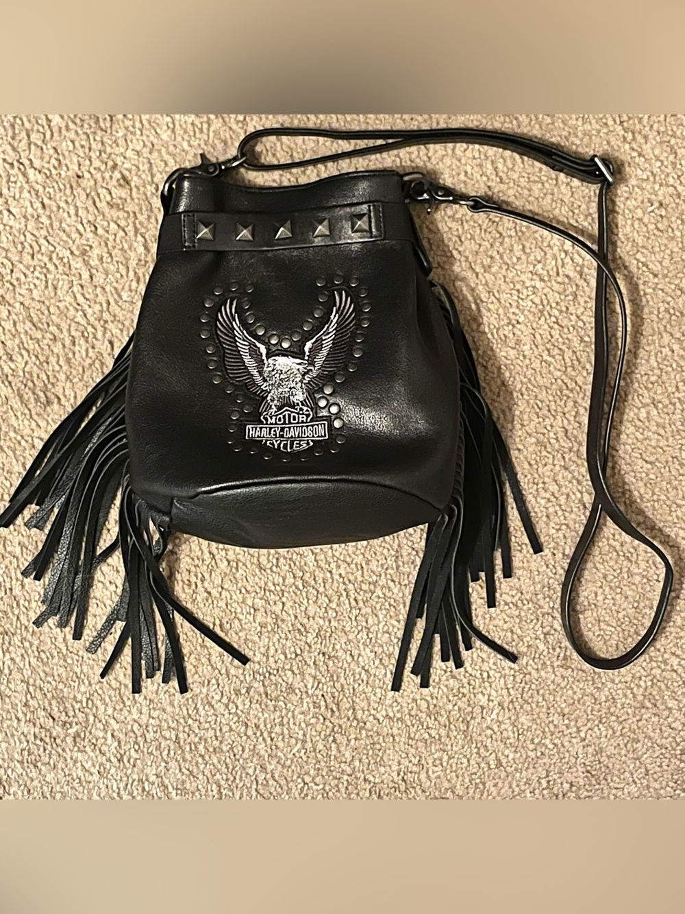 Vintage Harley Davidson Black Leather Studded Crossbody Fringe Bag Purse